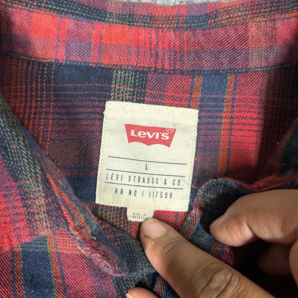 Levis Shirt Mens L Red Plaid Flannel Western Pearl Snap Long Sleeve RN117508